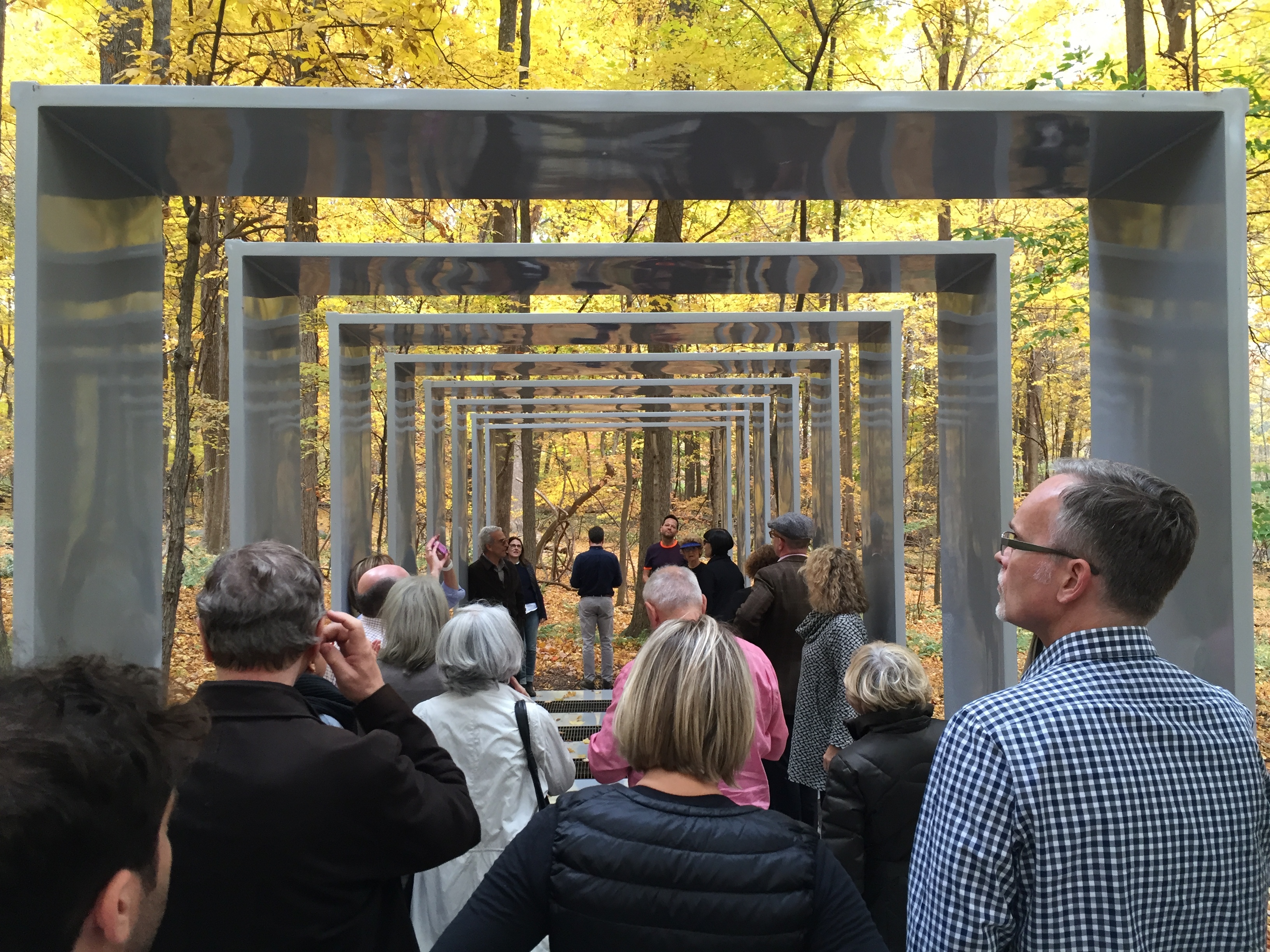 People view an metal boxes installed outside surrounded by yellow-leafed trees.